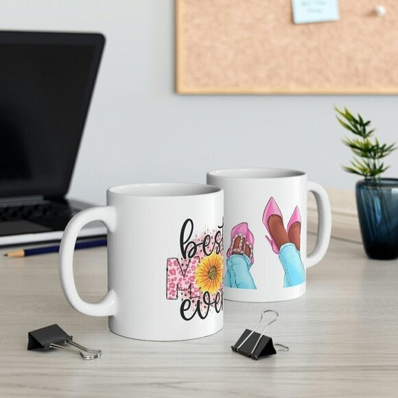 Best Mom Ever! Unique 2-Sided Coffee Cup ~ Mommy + Mini Me ~ For Black Queens - Picture 1 of 9